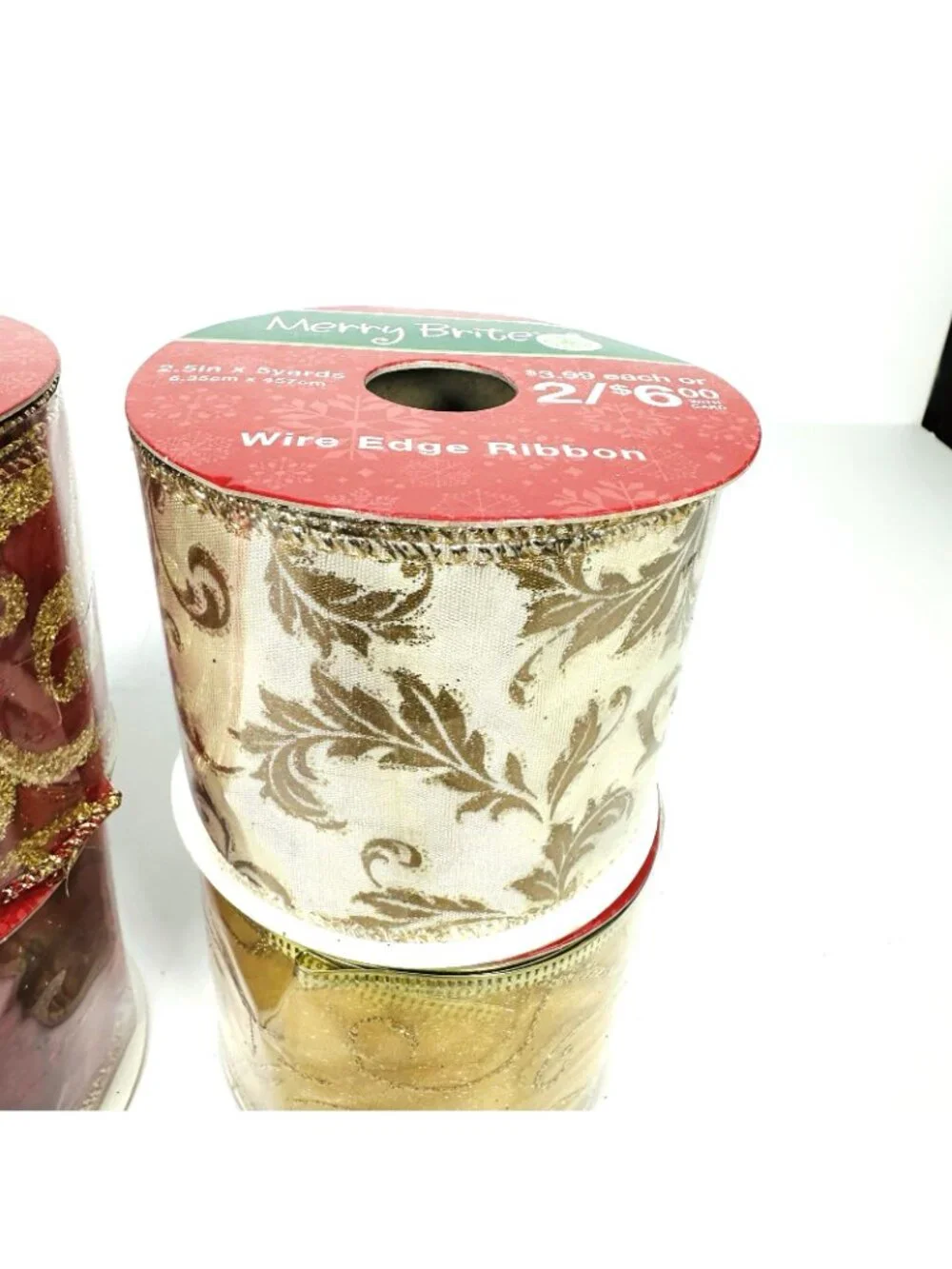 Holiday Christmas Ribbon Lot of 6 Red Gold Silver Sparkling Crafts Decor NEW!